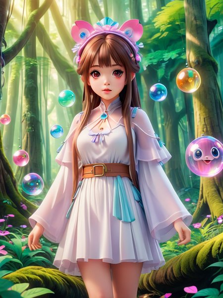 kawaii style an ewok mystic, enchanted forrest, colorful ethereal orbs floating in the air,1girl,   huge anime eyes, . cute, adorable, brightly colored, cheerful, anime influence, highly detailed<lora:XueQi_SDXL-000008:0.6>