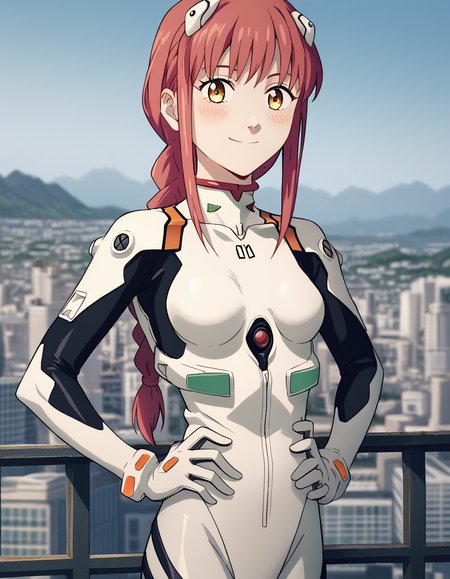 score_9, score_8_up, score_7_up, source_anime, makima, <lora:chainsaw-man-makima-s1-ponyxl-lora-nochekaiser:1> makima, long hair, smile, bangs, yellow eyes, braid, red hair, braided ponytail, ringed eyes,, <lora:rei-ayanami-cosplay-ponyxl-lora-nochekaiser:1>, reiayanamicosplay, ayanami rei \(cosplay\), bodysuit, headgear, plugsuit, white bodysuit,, outdoors, cityscape, smile, blush, hands on hips,, cowboy shot, dutch angle, solo,