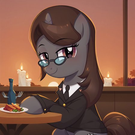 masterpiece, perfect detail, best high quality, source_pony, show accurate, cute, 1girl, 1man, female, oc:sonata, glasses, attorney suit, badge on collar, pony, tail, sitting, sitting in chair, table, 2 wine glasses, plates, silverware, forks, knives, napkins, fancy restaurant, dinner, candles, windows, sunset, smile, closed mouth, beautiful, bedroom eyes, looking at you, facing you, sitting across from you, pov, human male, offscreen character, suit, hands on table, 5 fingers, score_9, score_8_up, score_7_up, score_6_up, score_5_up, score_4_up