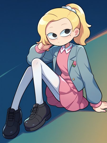 score_9, score_8_up, score_7_up, source_anime, BREAK
1girl, solo,  <lora:Miwako-20:1> sasha waybright, blonde hair, mole under eye, ponytail, long hair, grey sweater, pink skirt, denim jacket, pink shirt collar, black eyes, white pantyhose, black shoes,