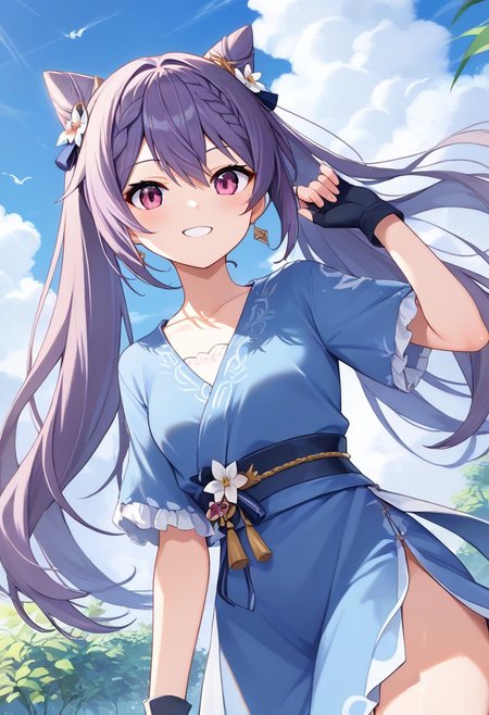 score_9, score_8_up, score_7_up, source_anime, best quality, masterpiece, 1girl, solo, smile. dutch angle, outdoors, sky,
keqingcs, purple hair, cone hair bun, purple eyes, long hair, double bun, braid, twintails, 
blue dress, short sleeves, sash, side slit, fingerless gloves
