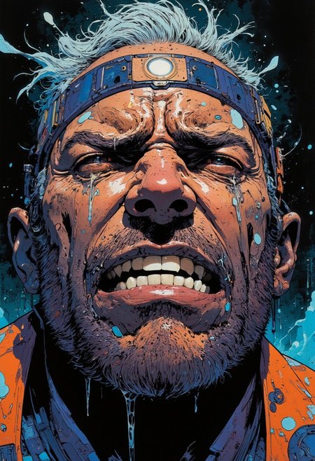 painting of an extreme close up on a man crying desperately, tears all over the face, mouth open in desperate facial expression, saturated colors and line inking in the style of a graphic novel,