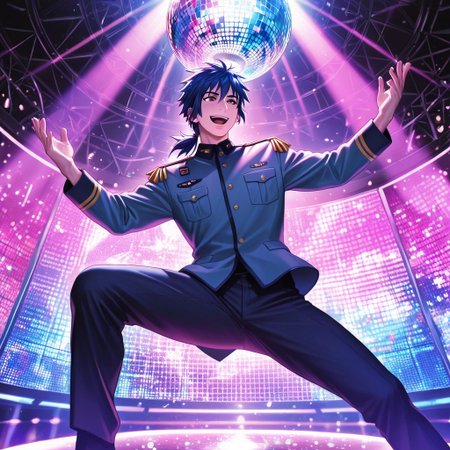 masterpiece, best quality, amazing quality, absurdres, newest, detailed background, definition so sharp, Ultra-HD, 8K cinematic, very awa, impressionate, amazing quality, highres, 
solo, male focus, manly, 
daikakukokujouji, 1boy, short hair, tied hair, low tied hair, lieutenant_pretime, lieutenant_blue hair, lieutenant_brown eyes, dancing, energetic pose, open mouth smile, clumsy moves, colorful lighting, disco ball, upbeat music, joyful, cool, energetic, charming, funny
