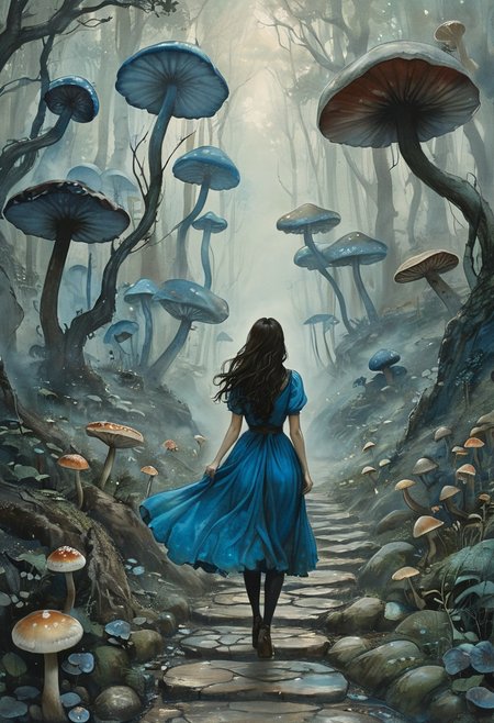 (water-colored:1.25), illustration, style of Jessica Galbreth,
(far view, far shot, high view, rear view, facing away:1.3),
(Alice, woman walking on a stone trail arms spread, very long dark brown hair,  hair rim lighting, blue maid dress with short sleeves, black tights:1.2),
fog, dreamy, dream,
(swamp, mushrooms, toxic mushrooms, mud, empty land:1.6)