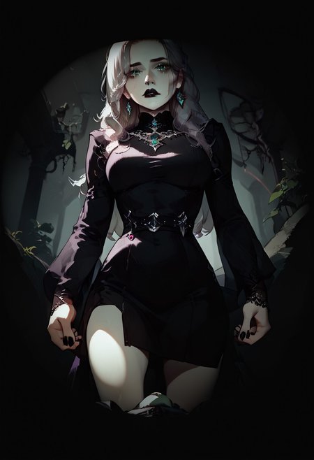 score_9, score_8_up, score_7_up, concept art, realistic, dark theme, perfect quality, masterpiece, highly detailed, dim light, Expressiveh, 4kFacePonyXL, ng_deepnegative_v1_75t,
anatomically perfect, bhands, glowing, neon lights,
gothic fantasy style, gothic grey ruins, outdoor scene, large stone coffin,
sideways pov, from below, 1male, fully clothed, lying on top of large stone coffin, 5L33PYM4L3P0V, falling asleep, darkening, eyelids closing, sight fading, body out of frame, looking up at girl, 
1girl, 30 years old woman, solo, tall regal figure, slender body, fit athletic body, beautiful face, pale skin, black boots, slightly torn elegant long black robes, thick robes, rags, robes covering body from neck to ankle, black scarf, holes in robe, dark black messy hair, waist length hair, long hair, large sexy eyes, vibrant green eyes, black nail polish, black lipstick, sad expression, crying, silver ring with ruby stone, silver diamond earrings, lace gloves, nose piercing, silver necklace with ruby medallion, standing over pov viewer, standing over pov viewer, looking down at viewer, blood on her hands,