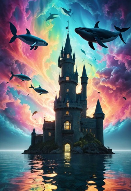 Colossal Laputa, Castle in the Sky, floating above ocean, school of flying whales, leaping playfully, bioluminescent plankton, ethereal glow, vertical composition, dramatic perspective, intricate details, vibrant colors, reflective water, majestic ambiance, immersive atmosphere, magical realism
