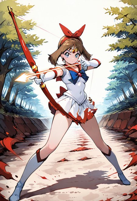 masterpiece, best quality,   zzArrow, zzAtU,    zzMayMarsCitron, blue eyes, brown hair, medium hair, hairband, tiara, red sailor collar, white skirt, bow and arrow, standing, forest, concentration, forest clearing, magical girl, focused, glowing, green leaves, powerful stance, full body, short hair, vibrant colors, action pose    ,<lora:MayMarsPokemonCitron_IXL:0.8>,  ,(dynamic pose, foreshortening),  ,<lora:ZZArrow_IXL:0.8>,