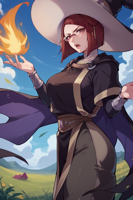 score_9, score_8_up, score_7_up, score_6_up, source_anime BREAK 1girl, solo,  <lora:femiriel-pdxl-nvwls-v1-000005:1> miriel, red hair, witch's hat, glasses, cape, black robe, brown pants, big breasts, raised hand, throwing a fireball, magic, serious, open mouth, field, blue sky, from side, looking at you