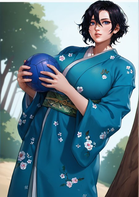 1girl, huge breast, , ball, black hair, blue eyes, day, dutch angle, green kimono, hair between eyes, holding, holding ball, japanese clothes, kimono, looking at viewer, outdoors, parted lips, short hair, solo, sunlight, temari ball, tree,  ,handfixer,zPDXL3 <lora:Breast Slider - Pony_alpha1.0_rank4_noxattn_last:3> <lora:HandFixer_pdxl_Incrs_v1:1> <lora:MaterArsenicArsenicMater:1>