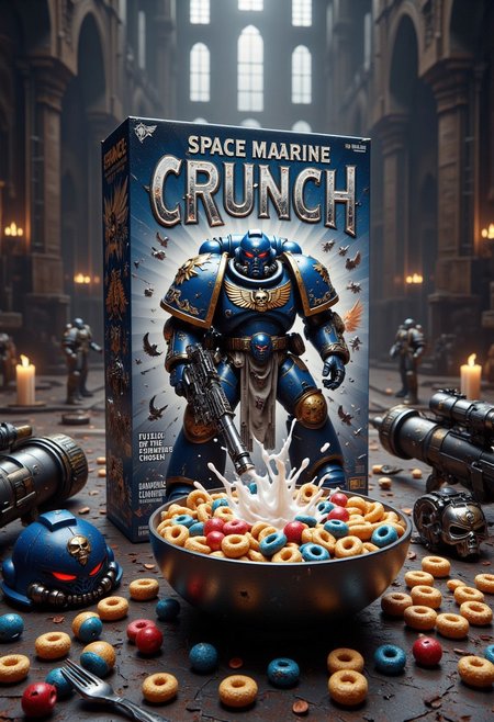 The scene showcases an epic, high-resolution box of "Space Marine Crunch" cereal, set in a futuristic armory. The cereal box is adorned with bold, metallic designs, featuring a towering UltraM40k Space Marine in shining blue and gold armor, wielding a massive bolter. Above him, in sharp silver letters, the title "Space Marine Crunch" dominates the box, with the tagline "Fuel for the Emperor's Chosen!" below. The cereal pieces inside are shaped like tiny power fists, skulls, and Imperial Aquilas, each piece glinting in vibrant blue, gold, and red colors, resembling the symbols of the Imperium of Man.
In front of the box, a steel bowl overflowing with the cereal stands on a war-torn surface, with a splash of milk mid-flight as if dropped in the heat of battle. Scattered around the scene are fallen bolter shells and a ceremonial helmet resting next to the bowl. The background features the dark interior of a massive Space Marine fortress monastery, with the faint glow of purity seals and the echo of chanting hymns. The atmosphere is both gritty and heroic, blending the seriousness of Warhammer 40K with the playful energy of a breakfast scene.