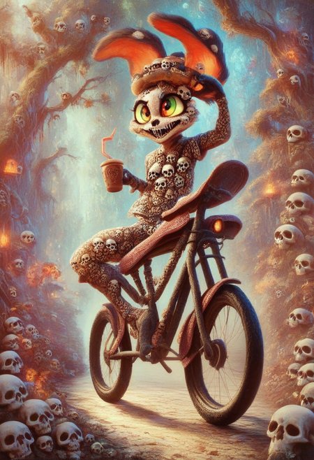score_9, score_8_up, score_7_up, score_6_up, score_5_up, score_4_up,  A playful, anthropomorphic coffee cup  made with skulls with big eyes and a grin, riding a bicycle on a path lined with donuts, illustration in the style of BRSH