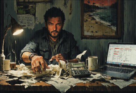 A young bearded man with a furrowed brow, sitting at a cluttered desk surrounded by bills, coins, and a calculator with paper tape unfurling to the floor. The room is dimly lit, with a single desk lamp casting a pool of light on the desk. The person's hand is poised over a pile of crumpled currency and scattered receipts, as if they have been searching through their finances for quite some time. The calculator's display reads "ERROR," reflecting their confusion and frustration. In the background, a calendar on the wall is marked with various payment deadlines and overdue notices. A half-empty coffee cup sits next to a laptop, which is open to a spreadsheet titled "Budget," with numbers in red indicating negative balances. The wall behind the desk is adorned with a poster of a serene beach, symbolizing the financial freedom they are striving for but currently lack. The overall atmosphere is one of tension and concern, with the disarray of the room mirroring the disarray of their financial situation.