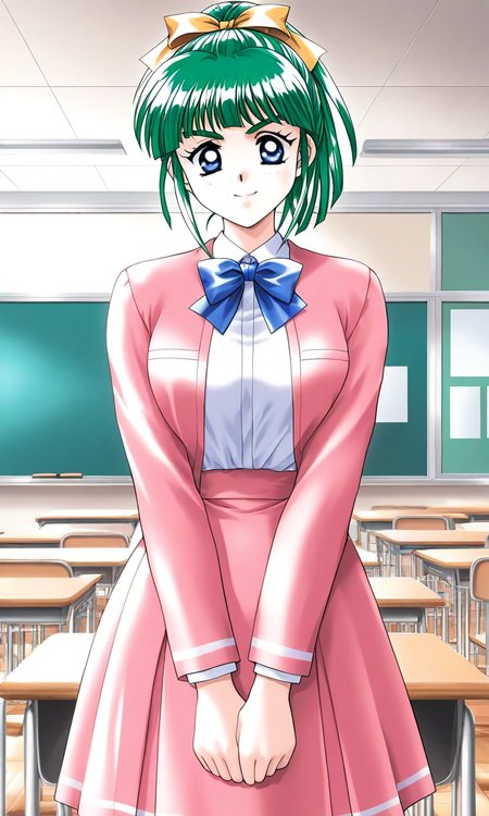 general,highres, ultra-detailed,very aesthetic,best quality ,best hands, BREAK <lora:Iijima_Miyuki_kakyuusei_Ver2.0_IS:1>
Iijima_Miyuki(kakyuusei), 1girl, solo, green hair, high ponytail,, bangs, short hair, blue eyes, hair ribbon,Yellow ribbon, breasts, 
classroom, indoors, pink jacket, down arms,
chalkboard, looking at viewer, shirt, school uniform, jacket, blue bow, shirt tucked in, desk, 
bowtie, school desk, long sleeves, smile, pink skirt,