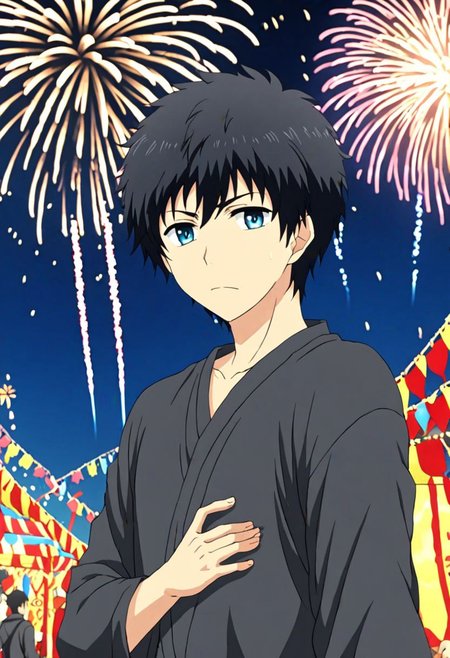 high resolution, solo, best quality, 1Boy, Arata Kaizaki, Black Hair, Blue Eyes, Festival, Date, Firework, OverallDetail