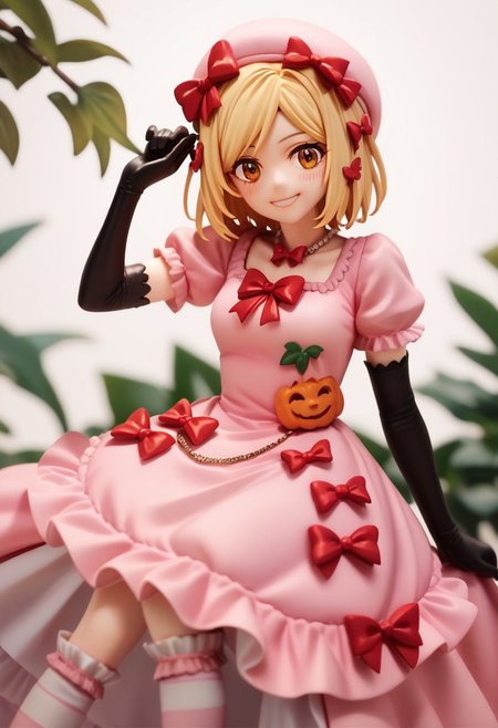 score_9, score_8_up, score_7_up, highres, absurdres, solo, 1girl, blush, smile, looking_at_viewer, Rambda, blonde hair, short hair, orange eyes, hair ornament, necklace,   pink hat, pink gown, red bow, short sleeves, elbow gloves, striped kneehighs,
