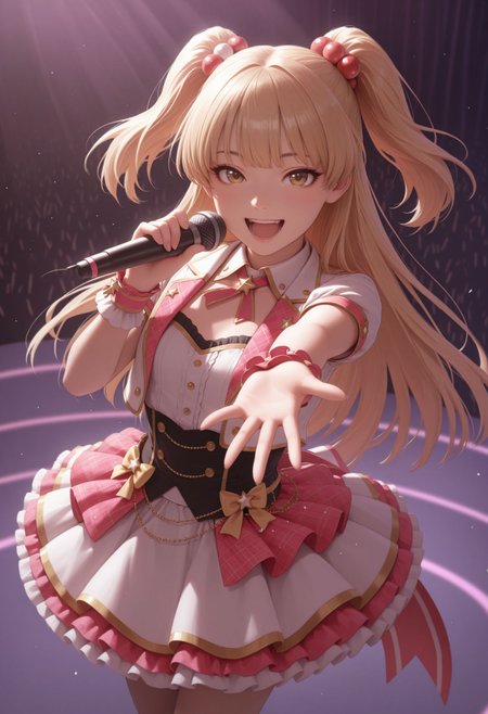 masterpiece, best quality, newest, (realistic:0.5), solo, looking at viewer,
 <lora:Jougasaki Rika illu:1> long hair, two side up, hair bobbles, idol clothes, hair ornament, standing, cowboy shot, singing, stage, holding microphone, smile, open mouth, reaching out,