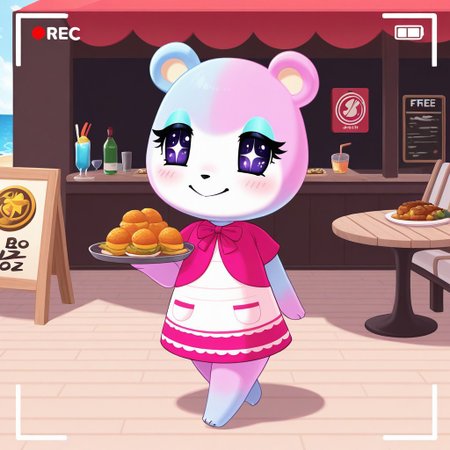 best quality, masterpiece, Full Body, Romantic, Small, Body, Furry, judyac, animal crossing, 1girl, solo, furry, bear, two-tone fur, light pink fur, light blue fur, white muzzle, purple eyes, star pupil, blush, blue eyeshadow, pink dress, beach, restaurants, serving food, carry tray, walking, outside lobby, board walk, beach chair, beach table, umbrella, recording, sign of buzz, sign said buzz sign writing say buzz, smile, holding a sign, sign said " free_buzz_food", writing buzz