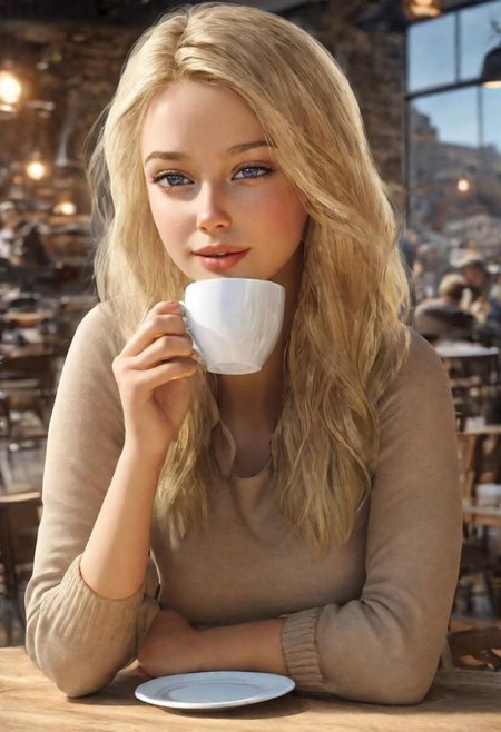 (masterpiece)
a beautiful blond girl drinking coffee, 
coffe shop background, 
HDR, 8k, trending on artstation,