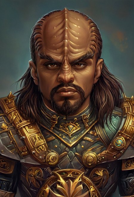 novuschroma17 style, male kling0n alien, brown skin, forehead ridges, large eyebrows, wearing medieval heavy golden paladin armor