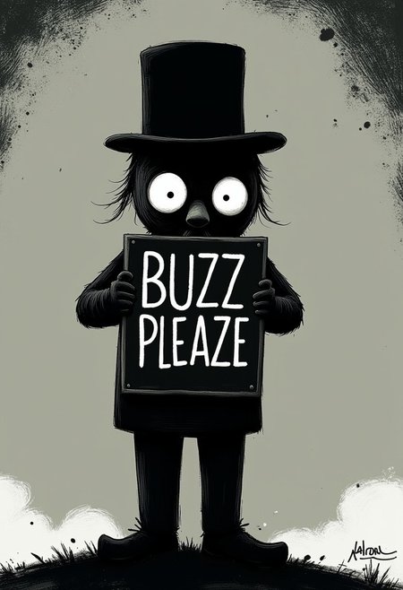 The Charlie Chaplin holding sight with text "Buzz pleaze" letters. Dark whimsical art