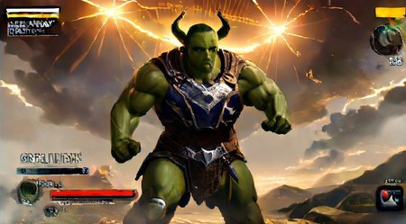VG_SS, fake screenshot, english text,
(High Resolution), (More Details), (8K), (High Resolution)
Fake video game interface. 
Scrolled beat'em up.

1 girl, 
laezellora,  facial markings, green skin, body armor, leg armor, 
perfection style, 
(Faceshot_By_stable_yogi-v2)
 full body, zoomed out,exactly facing right  clenched fists,  ready for fist-fight. 

BREAK
and 2+ boys, 
minotaur, hulking body, horns, facing left , ready for fist-fight.

backdrop is a bloody arena, strong artificial lighting