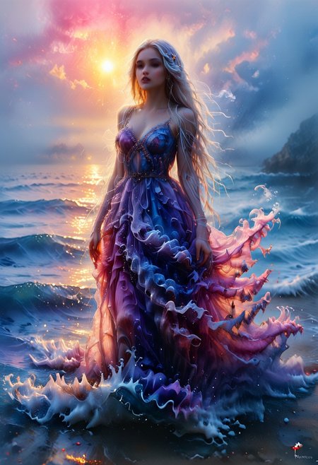 watercolor background. fantasy. art. water. sea. beach. sunset. woman. dress. dress made of water. dress with pink and purple details. complex details. white long hair. princess. standing in the sea. fog on the sea. sparkling dress. sparkling sea
perfection style, midjourneyv6.1, smoke dress, sm0k3dr3ss, vivid color, vivid background, snstsplndrCE style, photorealistic eyes, perfect skin texture, detailed face, perfect face, detailed eyes. detailed mouth,