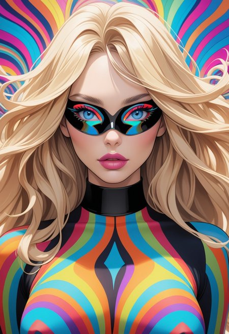 ((view from the waist up)) 1woman, solo,  long hair, blonde hair, black choker, blue eyes, one eye covered by hair, eyeliner, gorgeous lips, tights, medium breasts. ((psychedelic))