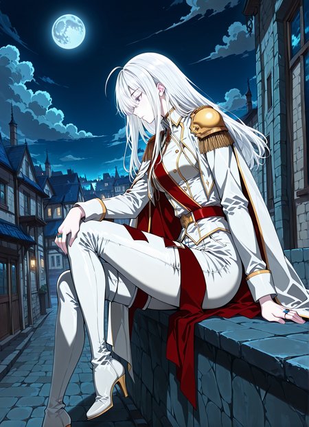 <lora:Varay_Aurae__The_Beginning_After_The_End__Illustrious:1>
1 girl, solo, grey eyes, white hair, long hair, bangs, pale skin, hair between eyes, ahoge, scar above right eye
military uniform, white cape, epaulettes, ring, jewelry, white pants, long sleeves, white thigh boots, thighhighs, high heels, belt, white jacket, red sash, <lora:iLLMythG0thicL1nes:1>
score_9, score_8_up, score_7_up, score_6_up, source_anime, masterpiece, best quality, absurdres, highres, newest, anime coloring <break>  1girl, solo, sitting, on wall, from side, town, night sky, cloud, night, blue moon