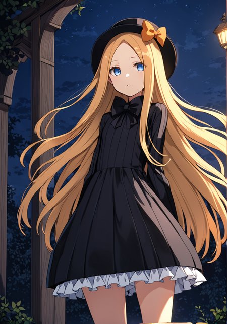 masterpiece, best quality, dark background, highres, 4k, 8k, intricate detail, cinematic lighting, amazing quality, amazing shading, soft lighting, Detailed Illustration, anime style, wallpaper,
outdoors, sky,
(full body:1.2),  
<lora:Abigail_Williams_XL:0.75> Abigail_Williams_(Fate), blonde_hair, blue_eyes, long_hair, parted_bangs, flat_chest, blonde_hair, blue_eyes, long_hair, parted_bangs, flat_chest, black_dress, black_hat, black_bow, orange_bow, hair_bow, sleeves_past_wrists, ribbed_dress, white_bloomers,