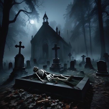 A spooky Halloween scene set in a dark forest, featuring a foggy cemetery at night. Surrounding an open grave, eerie vampire figures dance in an unsettling manner. In the grave itself, a grinning skeleton sits, creating a chilling and macabre atmosphere filled with shadows and mist    The atmosphere is dark and sinister, with shadows looming, creating a spine-chilling ambiance