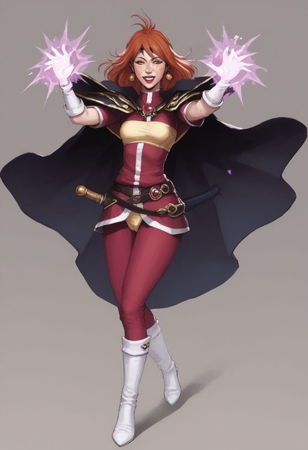 (score_9, score_8_up, score_7_up), rating_explicit, Masterpiece, best quality, outdoors, highly detailed, realistic, detailed background,
BREAK
Sorceress Supreme Lina Inverse, (PAWG:1.3), sexy short woman, thin hourglass figure,  (realistic skin texture), heart-shaped face, sharp angular features, beautiful face, cute, red eyes, slanted almond-shaped eyes, Long straight red Hair, long bangs, wild hair, sidelocks, long eyelashes, high nose, freckles, high cheeks, prominent cheekbones:0.4, thick lips, massive overbite, large front teeth, arrogant smile, haughty expression,
BREAK
small breasts, flat chest, thicc thighs, enormously wide hips, massive fat ass, skindentation:1.4,
BREAK
 yellow trim, headband, white footwear, white gloves, white trim, brooch, red pants, pauldrons, cape,
BREAK
random pose, casting a spell, magic,