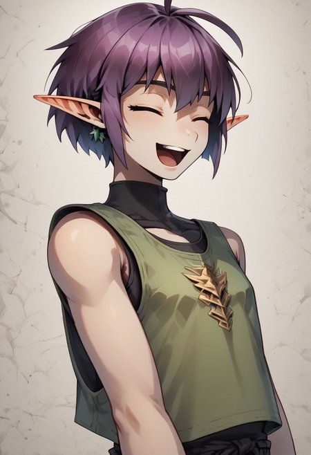 Lapanya, 1 person, solo, pointy ears, ((snout nose)), flat chest, small nostrils, short stature, skinny arms, ((closed eyes, singing, open mouth, dancing, happy)), fair skin, ((dark lilac hair)), short hair, tomboy haircut, small nostrils, 3 fingers 1 thumb ((Sleeveless green vest, fitted black undershirt, black pantaloons, fully clothed)), dynamic view, 3/4 view
((Organic cavern background)), fully clothed, 
clean lines, up close, upper body focus, highly detailed face, detailed background, high quality, best quality,  score: 9, score: 8 up, rating: safe