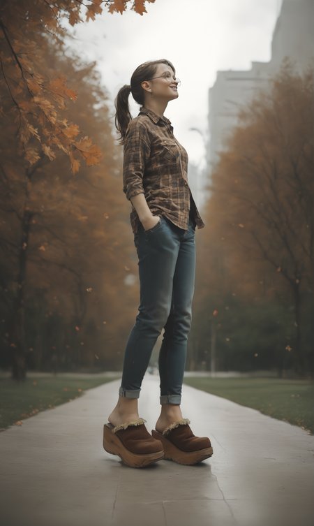 score_9, score_8_up, score_7_up, score_6_up, source_anime,
low angle, from below, from side,
autumn, outdoors, park,
1girl, 
walking, arms out, looking up, happy,
flannel shirt, jeans, round glasses, ponytail, brown hair,
sherpa clogs, platform footwear,
embedding:zPDXLrl ,
embedding:zPDXL2 ,
