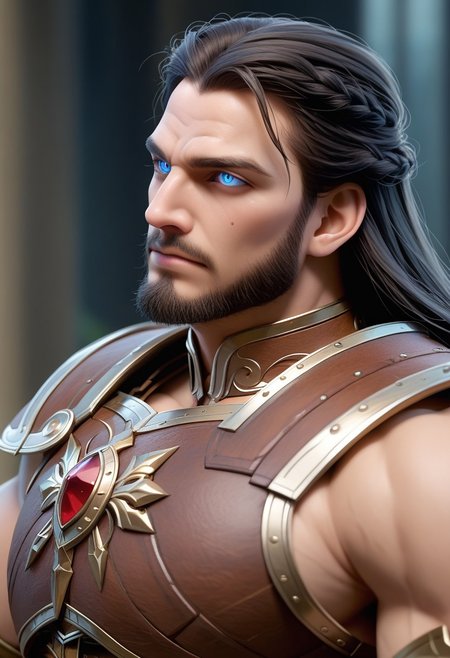 score_9, score_8_up, score_7_up, score_6_up, 1boy, male, muscular, (view from side:2), Ullai, the towering and powerful cleric of Ao, stands with an aura of cosmic might, his piercing sapphire eyes radiating divine authority. His black hair, styled militarily, and a neatly trimmed beard complement his imposing presence. Draped in a pristine white tunic adorned with a blue stole, the sacred colors of Ao, he wears a gleaming silver full-plate armor engraved with intricate Viking-style designs. His large, round shield bears the Auryn symbol, shining with divine protection. Surrounding him is a swirling, ethereal aura of blue and white, channeling the justice and healing powers of Ao. In his hand, he wields a massive radiant mace, glowing with a holy brilliance, ready to crush evil under its weight. Ullai embodies the divine might of his god, a beacon of justice and healing on the battlefield