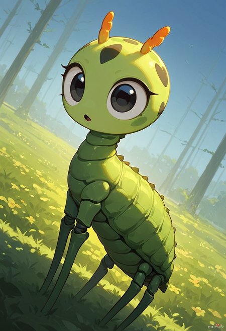 score_9, score_8_up, score_7_up, score_6_up, score_5_up, score_4_up, Expressiveh, (feral insect girl, feral caterpillar girl:1.2), full body shot, rearing up, perky breasts, green caterpillar, open mouth, cute, petite, (arms down at sides), single orange horn, (two-pronged horn), green body, leaves, looking at viewer, ((crawling, slithering, many legs:1.2), big bulbous head, long body, gigantic eye orbs, expressionless, wide eyes, centipede legs:1.3), black eyes, (dilated eyes), yellow sclera, big eyes, outdoors, blue sky, sunny day, black stripes, (dutch angle, diagonal view, side view:1.2)