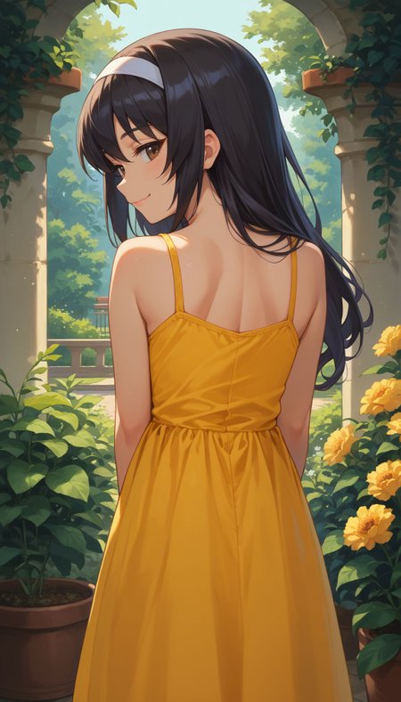 score_9, score_8_up, score_7_up, score_6_up, , solo, 20yo woman, (Beuty:1.1) , (cute:1.3),  half-closed eyes
 <lora:Mako Reize:1> reizei mako, long hair, black hair, white hairband, brown eyes,  from behind, yellow sundress, garden, day, sunshine, smile, looking back,