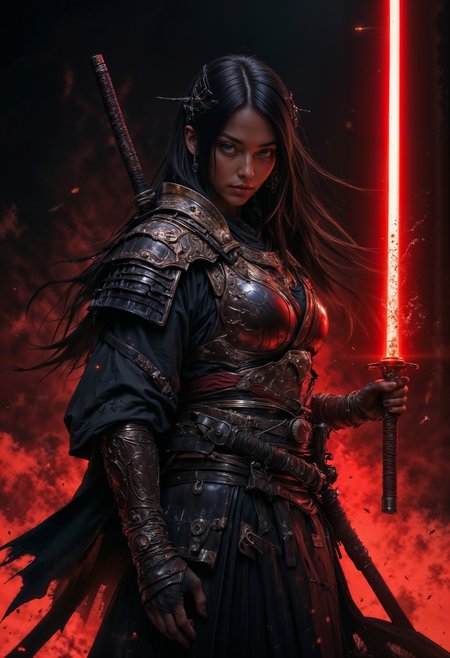 samurai girl wearing a kimono with shoulder armor, she's holding a katana glowing with red energy, her long hair is flowing in the wind, she stands in a dojo training for her next battle. (maximum ultra high definition image quality and rendering:3), maximum image detail, maximum realistic render, (((ultra realist style))), realist side lighting, , 8K high definition, realist soft lighting, (amazing special effect:3.5). S1n0z1ck style, mythp0rt, samurai