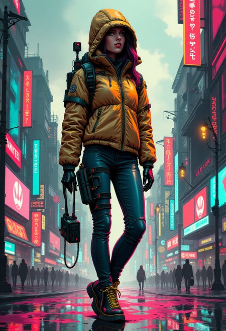"A cyberpunk girl, stands confidently in a rain-soaked, futuristic city street. She wears cyberpunk clothing. Her cybernetic arms, displaying streams of digital data, mark her as a fusion of human and machine. The neon-lit street is alive with holographic ads, reflecting off wet pavement. Towering skyscrapers glow with vibrant color, while fog and smoke swirl through the air. The girlâs sharp gaze pierces the dystopian chaos, embodying strength and resilience in a high-tech, gritty world."


<lora:ck-Neon-Retrowave:0.9>
<lora:flux.1_lora_ink-dynamic:0.25>