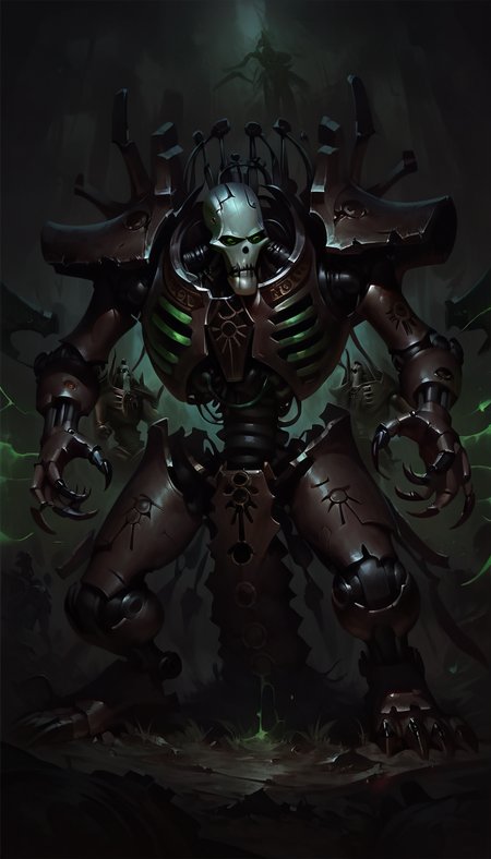 score_9, score_8_up, score_7_up, necron, robot, green energy, wh40k, claws, black armor, science fiction, mecha, 
from above,
 <lora:Necron_race_WH40K:1> 
 <lora:Concept Art DarkSide Style LoRA_Pony XL v6:1> concept art, realistic, dark theme, low light,