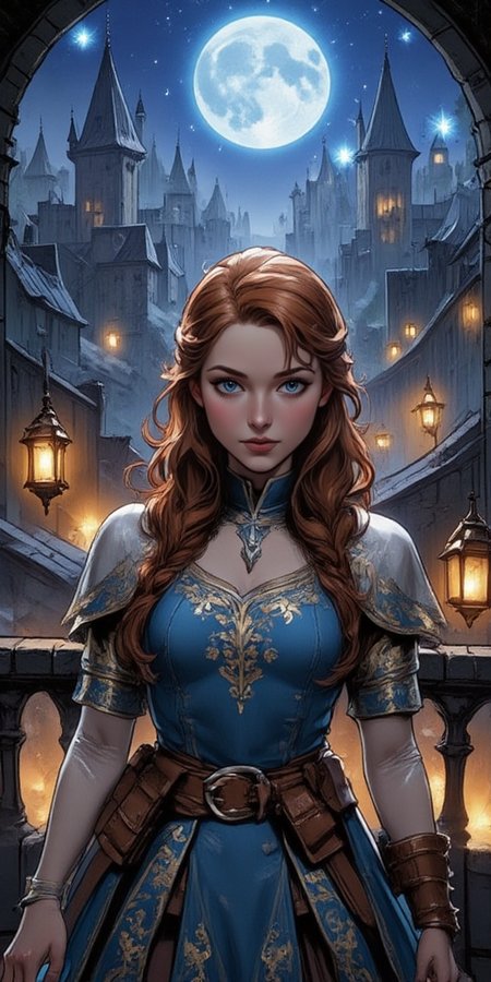 A sweet yet confident young woman stands on an ancient stone bridge, gazing over a mystical medieval city under the moonlight. Her wavy chestnut hair is braided with silver charms, framing her bright, curious eyes. She wears a deep-blue tunic with gold embroidery, a leather belt, and a flowing cape. Behind her, castle spires rise through the mist, lantern-lit streets wind below, and faint magical orbs glow in the night. The illustration is semi-realistic with rich fantasy details, blending medieval charm with an enchanted atmosphere ,Cosmic Charm AvantGarde,drimbook