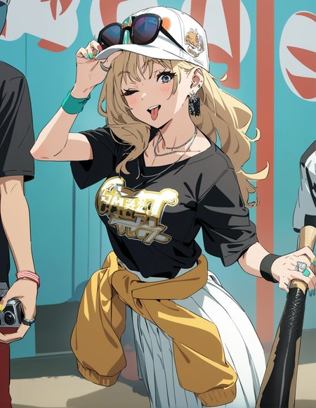 1girl, 
kamo kamen, 
necklace, t-shirt, red nails, medium breasts, hat, smile, fingernails, one eye closed, tongue out, baseball cap, :p, blonde hair, holding, hand up, baseball uniform, pantyhose, holding camera, wristband, yellow legwear, long sleeves, grey eyes, green nails, shirt, ;d, sunglasses, white skirt, clothes writing, tongue, teeth, open mouth, breasts, jewelry, print shirt, character print, earrings, short sleeves, brown eyes, pink lips, looking at viewer, baseball bat, nail polish, clothes around waist, closed mouth, brown hair, pleated skirt, eyelashes, long hair, solo focus, blue eyes, skirt, collarbone, black shirt, backwards hat, multicolored clothes, black-framed eyewear, standing, short over long sleeves, layered sleeves, round teeth, multicolored legwear, multicolored nails, sportswear, black nails, aqua nails, eyewear on head, white nails, ring, white headwear, cowboy shot, upper teeth only, short hair, blush, ;\), long skirt, 
masterpiece, best quality, newest
 <lora:kamo_kamen_image373_2024-03-28_a31:1>