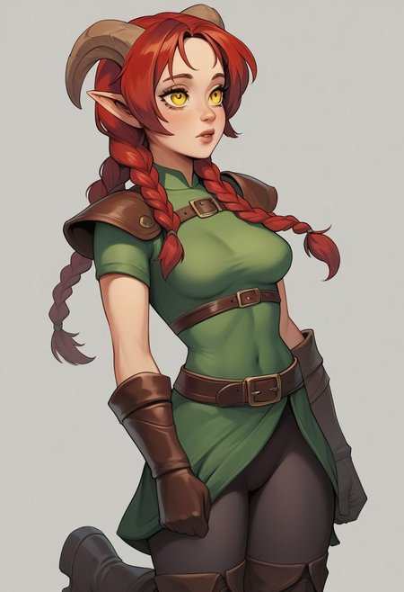 score_9, score_8_up, score_7_up, extremely detailed, 1girl, tiefling, light purple skin, yellow eyes, slender, medium breasts, long messy red hair, braided twintails, bangs, wearing a short green tunic, brown leather wristguards, brown leather cuffed boots, hattiezazu