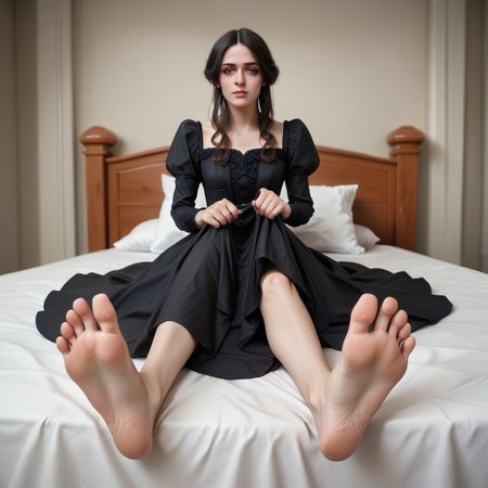score_9, score_8_up, score_7_up, score_6_up, score_5_up, score_4_up, BREAK,  1girl, cute, pretty, long black hair, 20y old, delicate face, beautiful, barefoot, soles, soles focus, showing feet, lifted legs, black dress, barefoot,  sitting, luxurious, elegant room, bed, red sheet, victorian, Rich, Clutter, realistic, detailed