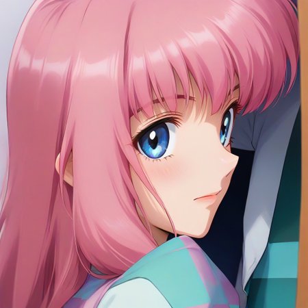 Nakajima Noriko, pink hair with bangs, blue eye, wearing a pink vest over a blue-green checkered shirt, white shorts,,