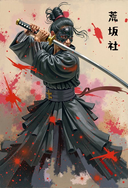 kwil, Create an abstract expressionism painting: A dynamic and expressive painting of a mid-aged woman wielding a sword. The woman is dressed in traditional black clothing with hair tied in a knot. The scene captures the motion of the sword with bold red and black brushstrokes, creating a dramatic effect. The background is bright, contrasting with the dark and red colors of the figure and brushstrokes. Red splatters and lines add an intense and energetic atmosphere. The painting features a mix of expressionism and abstract art, with symbolic representation of strength and movement. Influences of traditional Japanese art and culture are evident.