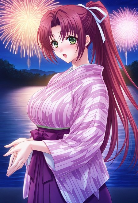 general,highres, ultra-detailed,very aesthetic,best quality ,best hands,masterpiece, best quality, newest, highres, score_9, score_8_up, score_7_up, source_anime, rating_explicit,1girl, yokota mamoru style,motion lines,,Very straight nose,slim,slender face,perfect nose,
Gojou Yurika,Claret Hair, Hair Parted in Middle, Ponytail, Waist Length Hair,long Hair,green Eyes,slim,big breasts
 anime screencap,
1girl, solo, japanese clothes, yagasuri, kimono, ponytail, purple hakama, blush, long hair, green eyes, hakama, hakama skirt, watermark, breasts, large breasts,  long sleeves, ribbon, hair ribbon, pink kimono, red hair, skirt,night,outdoors, fireworks,water,looking back,open mouth