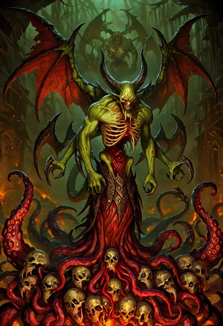 masterpiece, best quality, newest, absurdres, highres, 
D3-ART-V1.0, 
1boy, monster, monster boy, eldrich, eldrich horror, tentacles, green skin, green colored skin, tusks, fangs, sharp teeth, wings, demon wings, tail, demon, demon boy, unead, zombie, ribs, skull,