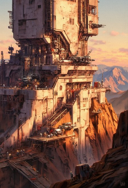 in the style of ck-sfc, detailed photorealistic image,  looking down from a mountain peak at a gleaming alabaster and marble sci-fi fortress, surrounded by armored walls with armored gun emplacements and rocket launchers, situated at a crossroads in a luch valley, silhouetted at sunset, great lighting