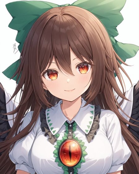 reiuji utsuho,1girl, solo, hair_bow, green_bow, upper_body, looking_at_viewer, white_background, lips, simple_background, third_eye, signature, puffy_short_sleeves, white_shirt, cape, nose, closed_mouth, smile, collared_shirt, frilled_shirt_collar, black_wings
<lora:reiuji_utsuho_image6498_2023-12-20-000005:1>,star-shaped_pupils,symbol-shaped_pupils,. gorgeous,key visual, vibrant, studio anime,award-winning, professional, highly detailed,high budget, cinemascope
