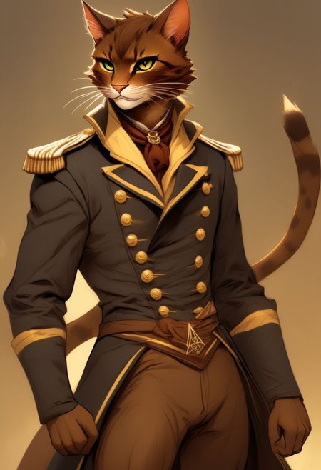A short haired tabaxi man, sailor captain uniform, Dark brown and tan fur, Commanding, leader, confident, dancer, elegant, fit, wild cat
